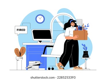 Sad dismissed worker. Woman cries and leaves office with box of things. Unemployment and financial problems, laid off employee. Unemployed jobless benefit concept. Cartoon flat vector illustration