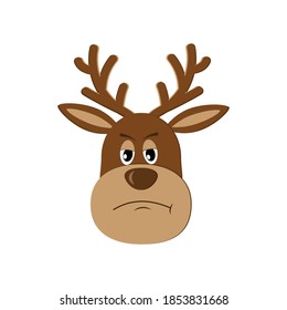 Sad dissatisfied reindeer, isolated color vector illustration on white background, clipart, design, decoration, poster, banner, applique