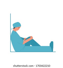 Sad Doctor, Nurse Man Or Woman After Work Sits On The Floor Isolated On A White Background. Tired Medical Worker In Uniform. Vector Flat Illustration In Cartoon Style.