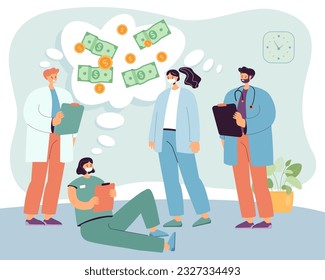 Sad doctors worried about low pay vector illustration. Men and women in medical uniform thinking of salary, lack of professionals due to low pay. Healthcare, medicine, workforce, payment concept
