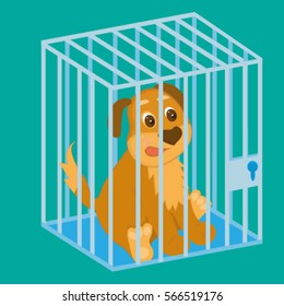 sad dog in cage. cartoon vector, editable layers
