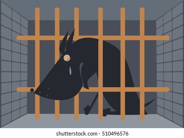 Sad dog in a cage. Crying dog seats behind bars 
