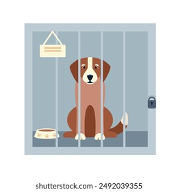 Sad Dog in cage. Dog shelter, Pet adoption concept. Caged dog waiting for adoption. Charity, love, volunteering, care and help concept. Vector illustration.