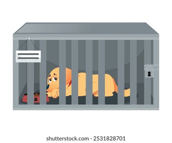 Sad Dog in cage. Dog shelter, Pet adoption concept. Caged dog waiting for adoption. Charity, love, volunteering, care and help concept. Vector illustration.