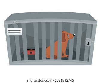 sad dog in a cage waiting for adoption, vector flat style vector illustration.