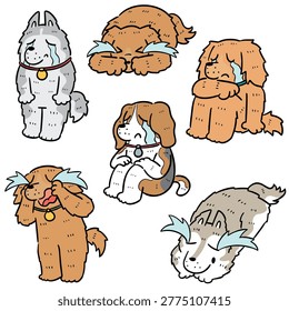 Sad dog crying and feeling lonely hand drawn doodle style vector illustration