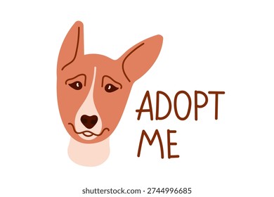 Sad dog face with pleading eyes. Hand drawn freehand style with Adopt Me lettering. Emotional pet adoption. Flat illustration for animal shelter campaigns, rescue organizations, save stray animal.