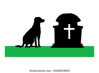 Sad dog mourning lying down in cemetery guarding owner's grave silhouette.	