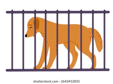 Sad dog sits in cage. Domestic animal shelter. Doggy adoption. Homeless pet in cell. Canine veterinary. Upset mammal kennel with lattice. Abandoned puppy care. Lost labrador waiting. Vector concept