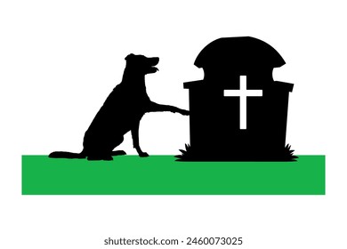 Sad dog sitting by fomer owner's tombstone in graveyard vector silhouette.	