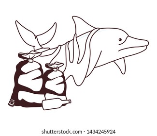 sad dolphin stuck with a garbage bag and bottle icon cartoon in black and white vector illustration graphic design