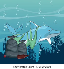 sad dolphin stuck with a garbage bag and bottle icon cartoon at the bottom of the sea with underwater vegatation vector illustration graphic design