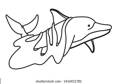 sad dolphin with a trash bag icon cartoon isolated in black and white vector illustration graphic design