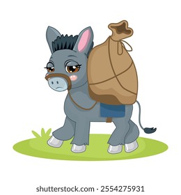 sad donkey carries a heavy load, a big bag.