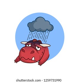 Sad dragon lies under a thundercloud, cartoon style illustration. Sorrowful dinosaur