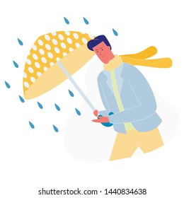 Sad Drenched Passerby Man with Umbrella Walking Against Wind and Rain Isolated on White Background, Cold Water Pour From Sky, Wet Rainy Autumn or Spring Weather. Cartoon Flat Vector Illustration.