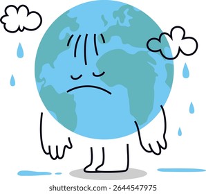 Sad and droopy Earth cartoon character under rain. Cute hand drawn vector illustration for world environment day posters, eco campaigns, and environmental education. Editable stroke.