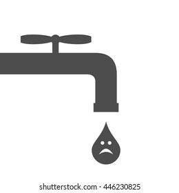 Sad droplet is falling down from old tap. Flat grey isolated vector illustration points to the shortage of drinking water in the world.