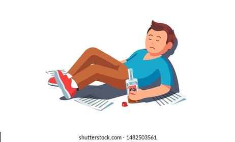 Sad drunk man lying on floor holding whiskey alcohol bottle. Fired unemployed worker guy drinking. Stressed addicted alcoholic leaning on wall. Flat vector addict character illustration