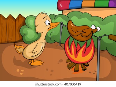 Sad duck looking at a fire.