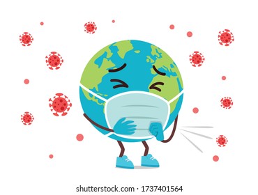 Sad Earth Cartoon Mascot Infected With Corona Virus