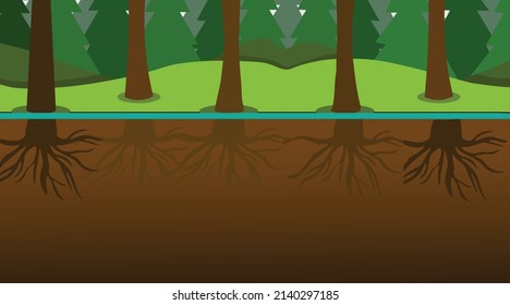 Sad earth and forest of trees with root under ground illustration. Earth day 2022