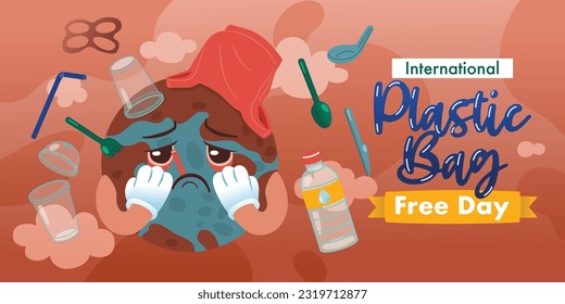 Sad Earth Full With Single Use Plastic And Bad Pollution, Banner, Plastic, Vector, Illustration