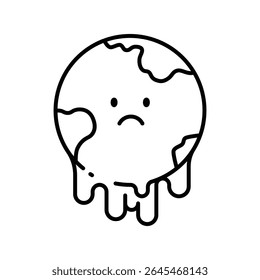 Sad Earth Icon. Melting Planet Outline. Global Warming Symbol. Climate Crisis Line Style.