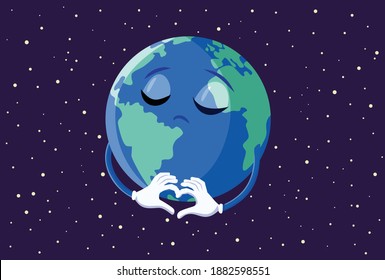 Sad Earth Making a Heart Sign Gesture. Blue planet showing empathy and peace in conceptual illustration
