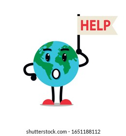 Sad Earth planet ask help character.Vector flat style illustration icon design. Isolated on white background. Eco friendly,save ecology,Earth day concept.World map globe