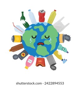 Sad Earth planet with trash print. Crying polluted Earth character. Plastic pollution and save the planet problem concept. Vector illustration