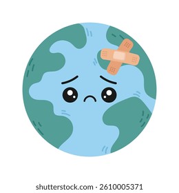 Sad Earth with sticker. Injured planet illustration representing environmental care for Earth Day concept.