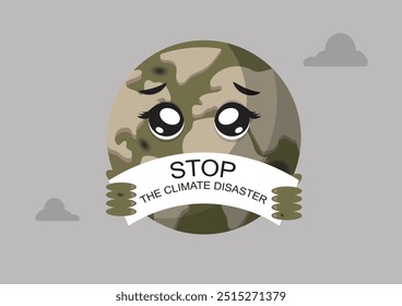 Die traurige Erde mit dem Banner "Stopp the Climate Disaster", Illustration zum Umweltbewusstsein