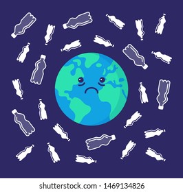 Sad Earth, surrounded by plastic bottles waste. Vector Illustration