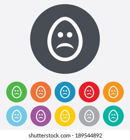 Sad Easter egg face sign icon. Sadness depression chat symbol. Round colourful 11 buttons. Vector