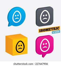 Sad Easter egg face sign icon. Sadness depression chat symbol. Isometric speech bubbles and cube. Rotated icons with edges. Vector