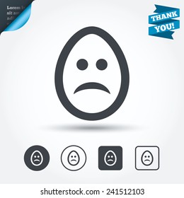 Sad Easter egg face sign icon. Sadness depression chat symbol. Circle and square buttons. Flat design set. Thank you ribbon. Vector