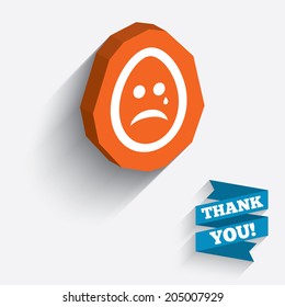 Sad Easter egg face with tear sign icon. Crying chat symbol. White icon on orange 3D piece of wall. Carved in stone with long flat shadow. Vector