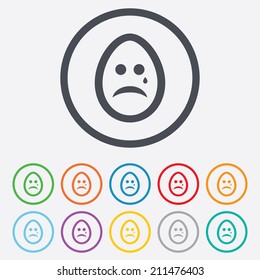 Sad Easter egg face with tear sign icon. Crying chat symbol. Round circle buttons with frame. Vector