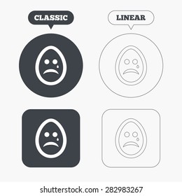 Sad Easter egg face with tear sign icon. Crying chat symbol. Classic and line web buttons. Circles and squares. Vector