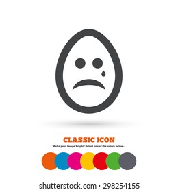 Sad Easter egg face with tear sign icon. Crying chat symbol. Classic flat icon. Colored circles. Vector