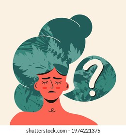 Sad ecology female activist or Mother Earth. Unity of human with nature. Ecology conversation Environmental problems and environmental protection, deforestation concept. Flat vector illustration 