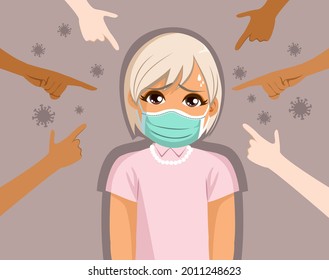 Sad elder woman suffering bullying wearing medical mask protesting hands conspiracy theory concept