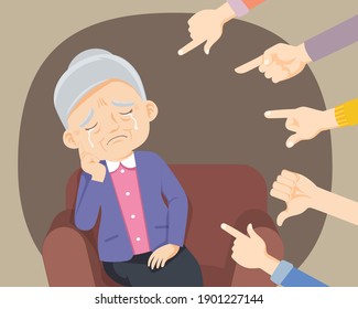 Sad Elderly man being bullied, senior bullying victim and hate concept,hands pointing fingers to sad old elderly svg
