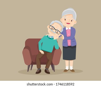 Sad elderly man Bored, Sad Senior man sitting and Senior woman comforting upset her,Grandmother consoling Grandfather