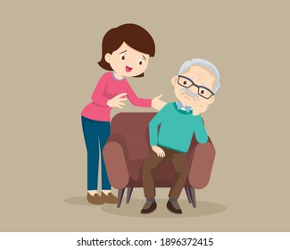 Sad elderly man Bored, Sad Senior man sitting and woman comforting upset her,woman consoling Grandfather