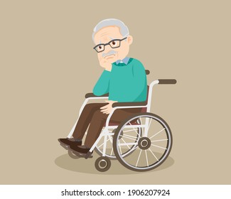 Sad Elderly Man Bored, Sad Senior Man Sitting In A Wheelchair. Alone Old Man Thinking About Problem.grandfather Patient