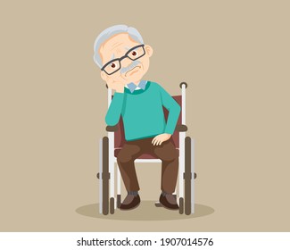 Sad elderly man Bored, Sad Senior man sitting in a wheelchair. Alone old man thinking about problem.grandfather patient