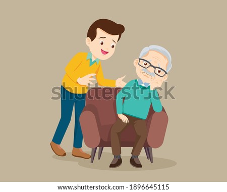 Sad elderly man Bored, Sad Senior man sitting and man comforting upset him ,father consoling Grandfather    
