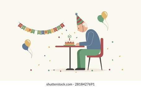 Sad elderly man sitting alone at a small table celebrating his sixtieth birthday with a cake, balloons, and confetti.
